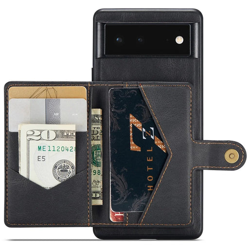 JEEHOOD Kickstand Function Detachable 2-in-1 Phone Case Drop-proof Wallet Magnetic Design Leather Coated TPU Cover for Google Pixel 6 - Black - 1