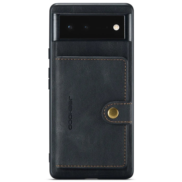 JEEHOOD Kickstand Function Detachable 2-in-1 Phone Case Drop-proof Wallet Magnetic Design Leather Coated TPU Cover for Google Pixel 6 - Black - 2