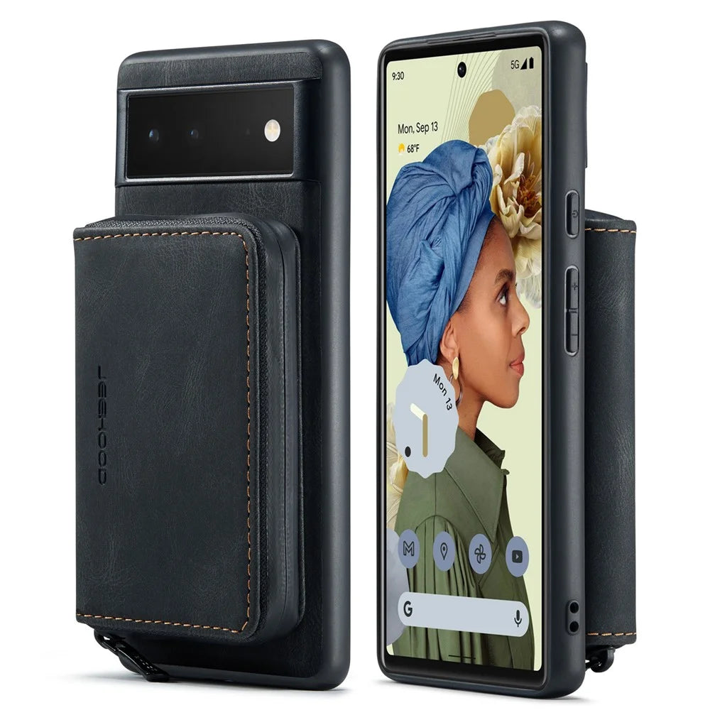 JEEHOOD Well-protected Anti-fall Kickstand Design Cover Leather Coated TPU Phone Case with Detachable Magnetic Zipper Wallet for Google Pixel 6 - Black - 1