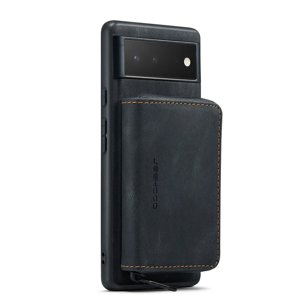 JEEHOOD Well-protected Anti-fall Kickstand Design Cover Leather Coated TPU Phone Case with Detachable Magnetic Zipper Wallet for Google Pixel 6 - Black - 2