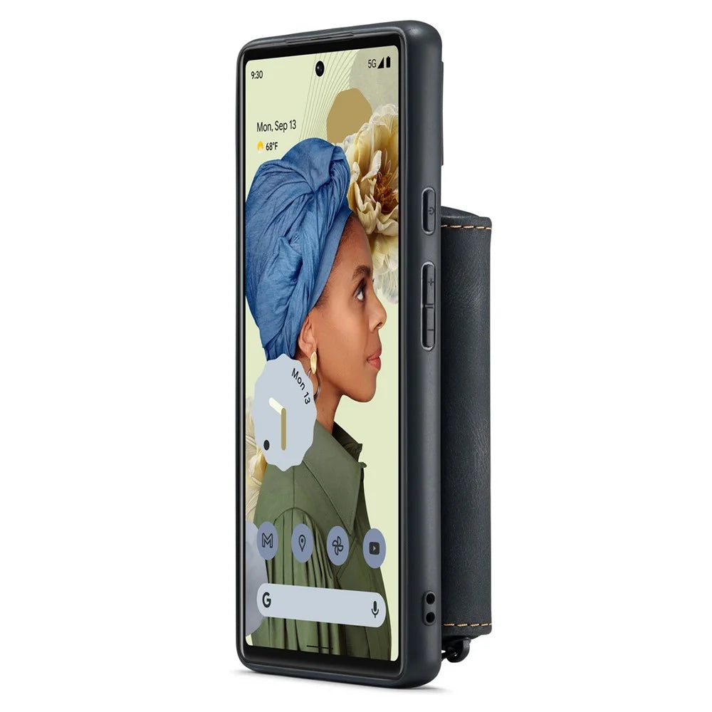 JEEHOOD Well-protected Anti-fall Kickstand Design Cover Leather Coated TPU Phone Case with Detachable Magnetic Zipper Wallet for Google Pixel 6 - Black - 3