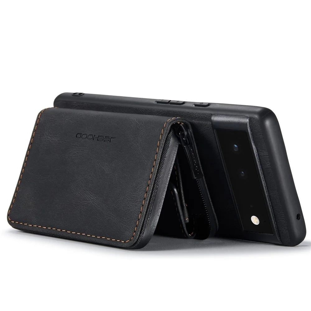 JEEHOOD Well-protected Anti-fall Kickstand Design Cover Leather Coated TPU Phone Case with Detachable Magnetic Zipper Wallet for Google Pixel 6 - Black - 5