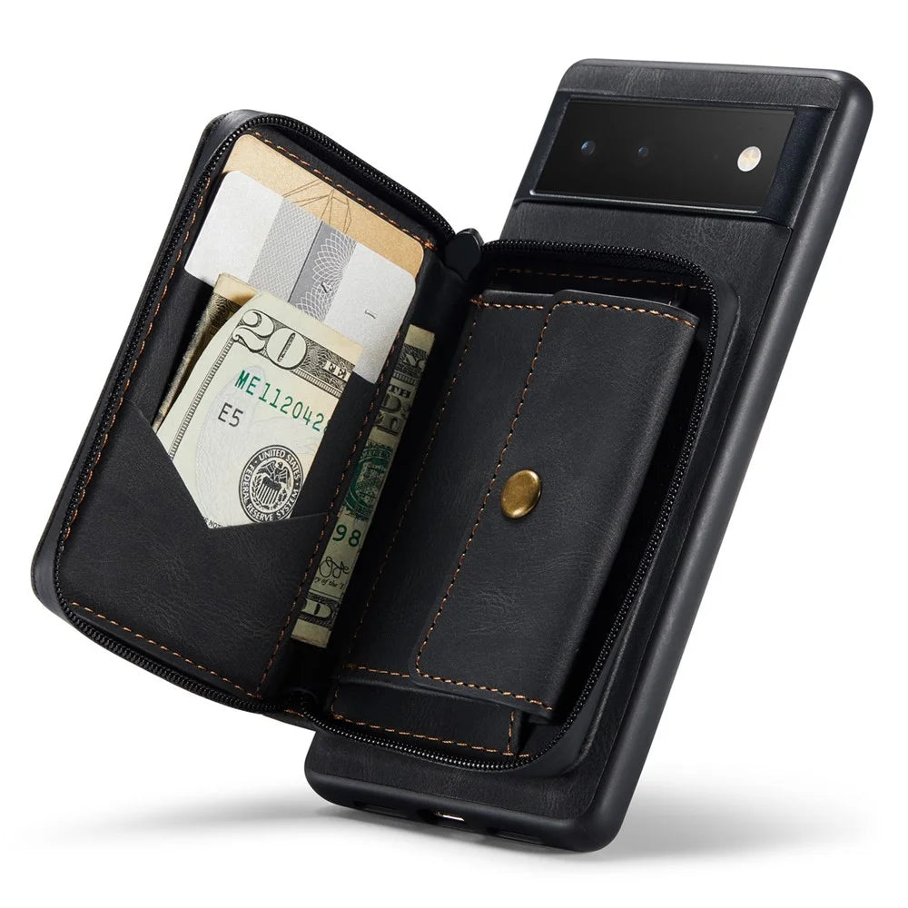JEEHOOD Well-protected Anti-fall Kickstand Design Cover Leather Coated TPU Phone Case with Detachable Magnetic Zipper Wallet for Google Pixel 6 - Black - 6