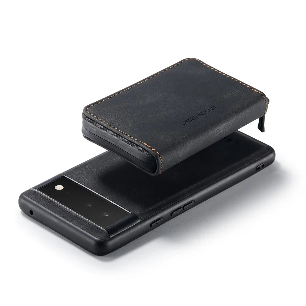 JEEHOOD Well-protected Anti-fall Kickstand Design Cover Leather Coated TPU Phone Case with Detachable Magnetic Zipper Wallet for Google Pixel 6 - Black - 7