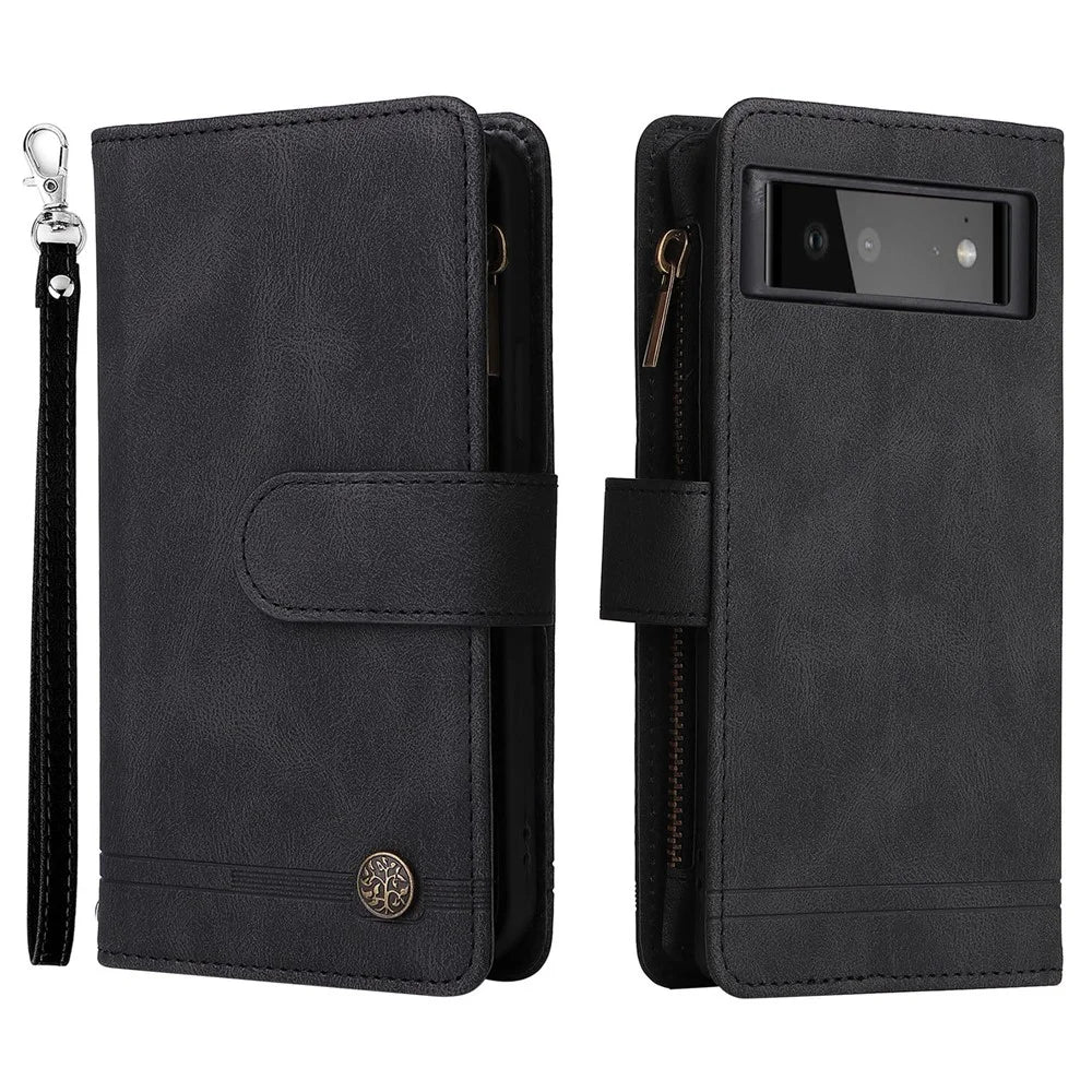 Skin-touch PU Leather Wallet Stand Flip Stripes Imprinted Case Zipper Pocket Card Holder Slots Cover with Strap for Google Pixel 6 - Black - 1