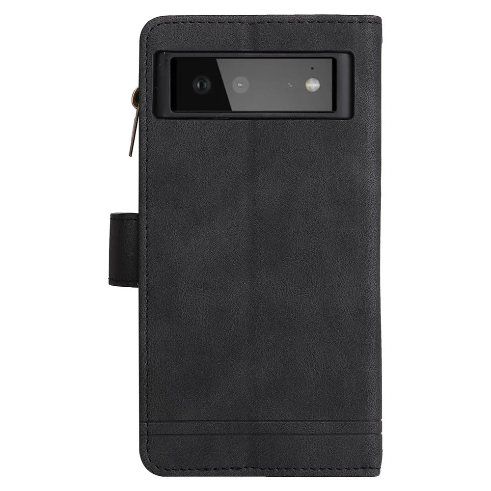 Skin-touch PU Leather Wallet Stand Flip Stripes Imprinted Case Zipper Pocket Card Holder Slots Cover with Strap for Google Pixel 6 - Black - 3