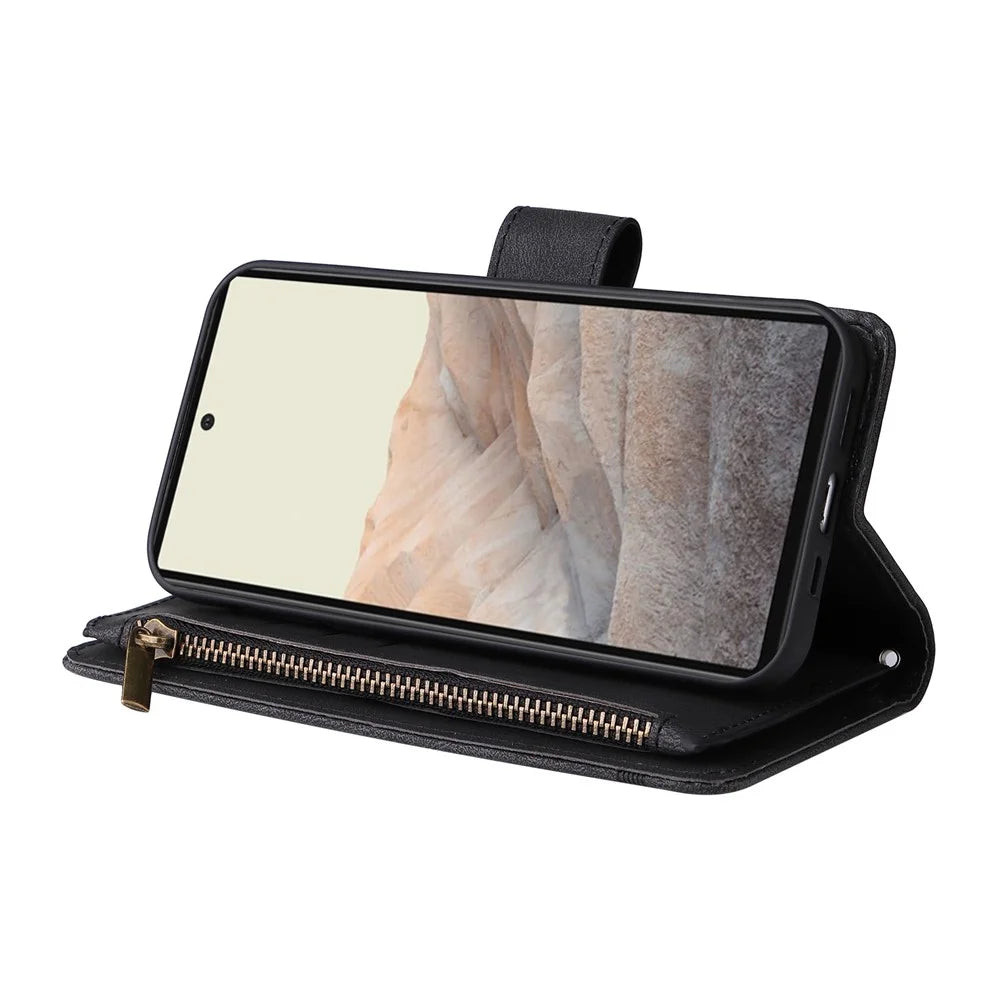 Skin-touch PU Leather Wallet Stand Flip Stripes Imprinted Case Zipper Pocket Card Holder Slots Cover with Strap for Google Pixel 6 - Black - 4