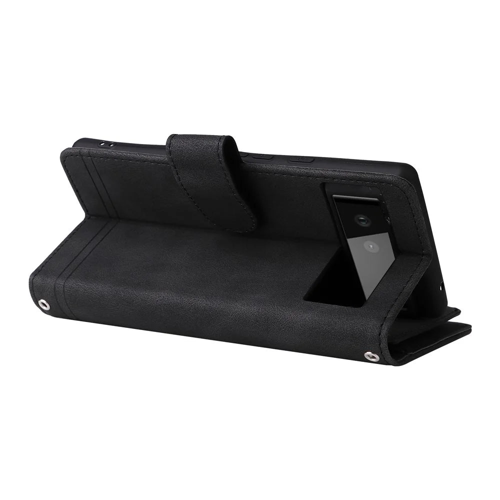 Skin-touch PU Leather Wallet Stand Flip Stripes Imprinted Case Zipper Pocket Card Holder Slots Cover with Strap for Google Pixel 6 - Black - 5