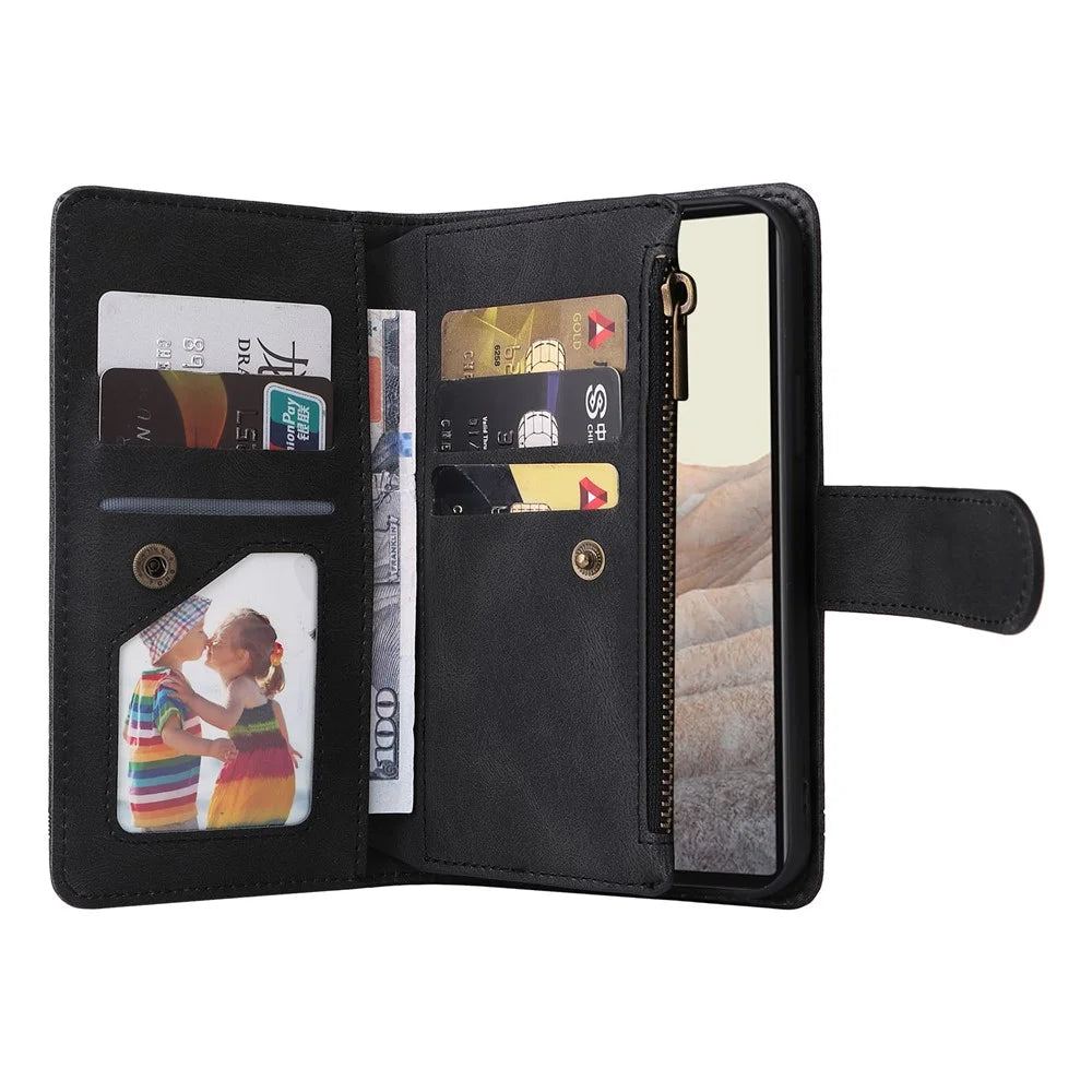 Skin-touch PU Leather Wallet Stand Flip Stripes Imprinted Case Zipper Pocket Card Holder Slots Cover with Strap for Google Pixel 6 - Black - 6
