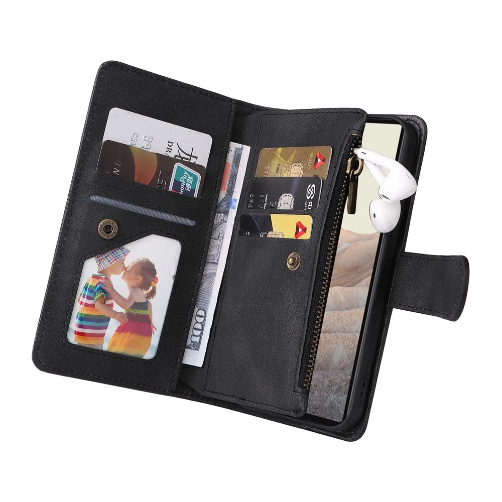 Skin-touch PU Leather Wallet Stand Flip Stripes Imprinted Case Zipper Pocket Card Holder Slots Cover with Strap for Google Pixel 6 - Black - 7