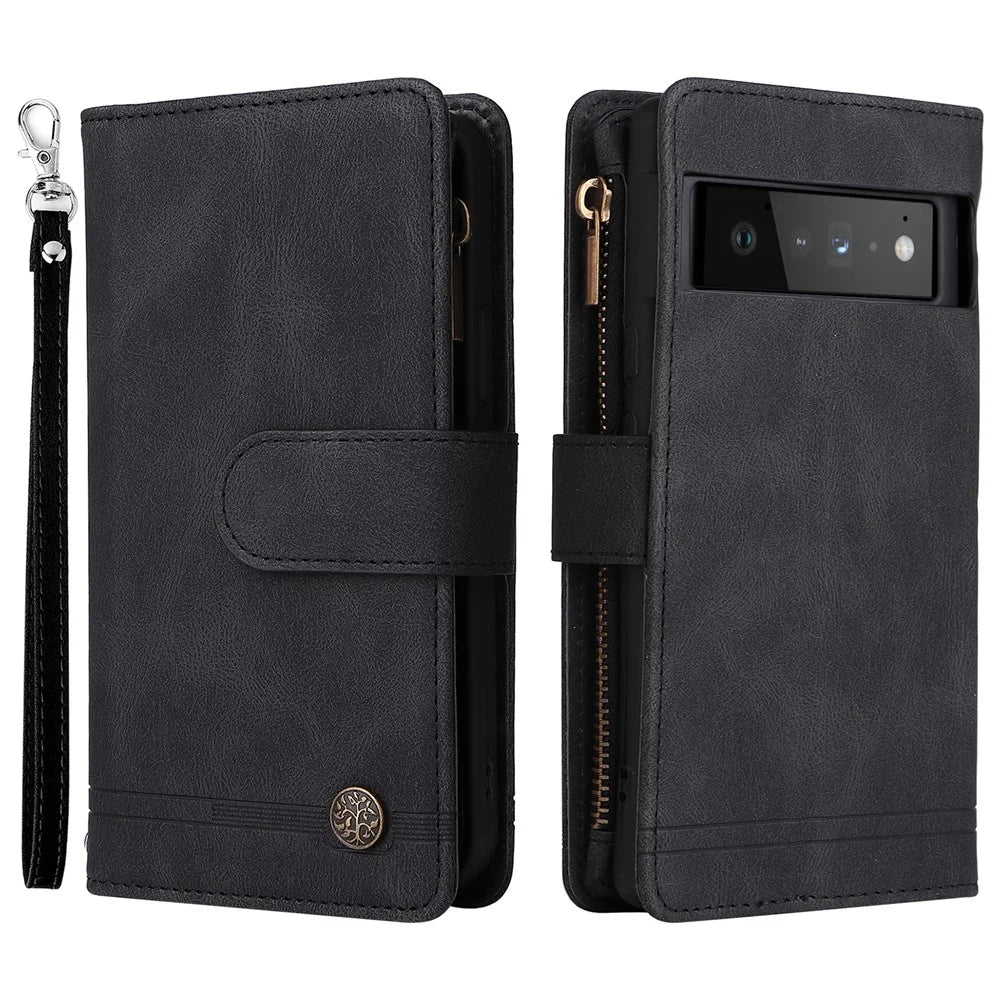 Imprinting Stripes Skin-touch PU Leather Stand Flip Zipper Pocket Cover Card Holder Slots Magnetic Closure Shockproof Case with Strap for Google Pixel 6 Pro - Black - 1