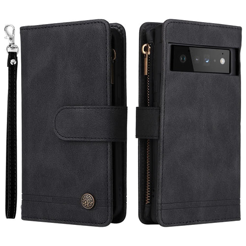 Imprinting Stripes Skin-touch PU Leather Stand Flip Zipper Pocket Cover Card Holder Slots Magnetic Closure Shockproof Case with Strap for Google Pixel 6 Pro - Black - 1