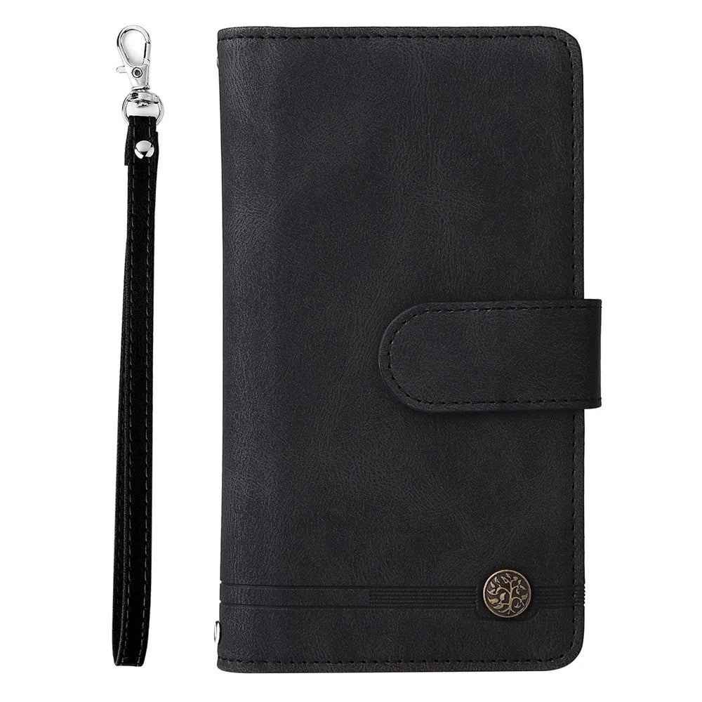 Imprinting Stripes Skin-touch PU Leather Stand Flip Zipper Pocket Cover Card Holder Slots Magnetic Closure Shockproof Case with Strap for Google Pixel 6 Pro - Black - 2