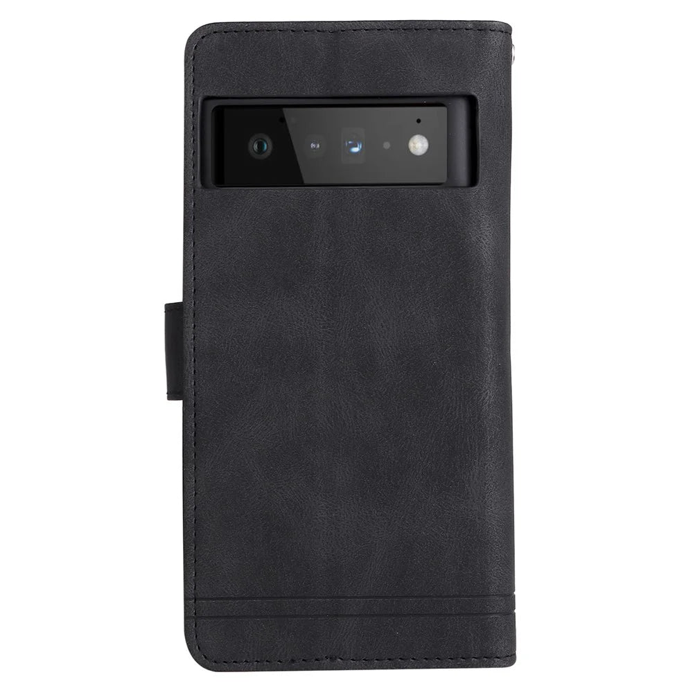 Imprinting Stripes Skin-touch PU Leather Stand Flip Zipper Pocket Cover Card Holder Slots Magnetic Closure Shockproof Case with Strap for Google Pixel 6 Pro - Black - 3