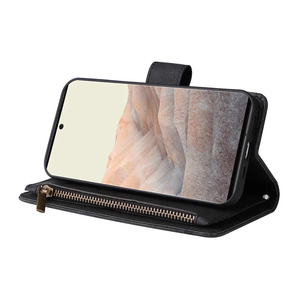 Imprinting Stripes Skin-touch PU Leather Stand Flip Zipper Pocket Cover Card Holder Slots Magnetic Closure Shockproof Case with Strap for Google Pixel 6 Pro - Black - 4