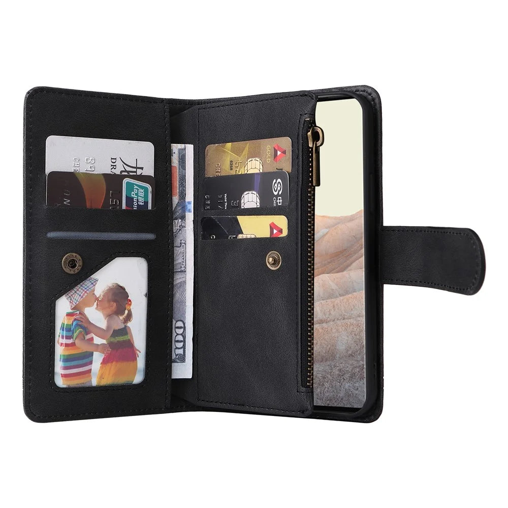 Imprinting Stripes Skin-touch PU Leather Stand Flip Zipper Pocket Cover Card Holder Slots Magnetic Closure Shockproof Case with Strap for Google Pixel 6 Pro - Black - 6