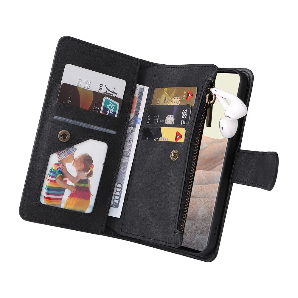 Imprinting Stripes Skin-touch PU Leather Stand Flip Zipper Pocket Cover Card Holder Slots Magnetic Closure Shockproof Case with Strap for Google Pixel 6 Pro - Black - 7