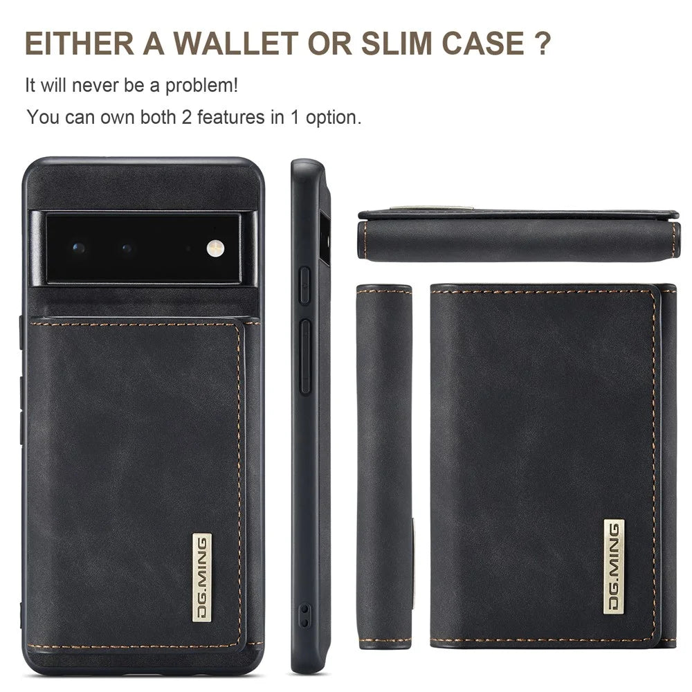 DG.MING M1 Series Phone Case PU + TPU + PC Back Cover with Magnetic Tri-Fold Wallet Kickstand for Google Pixel 6 Pro - Black - 7