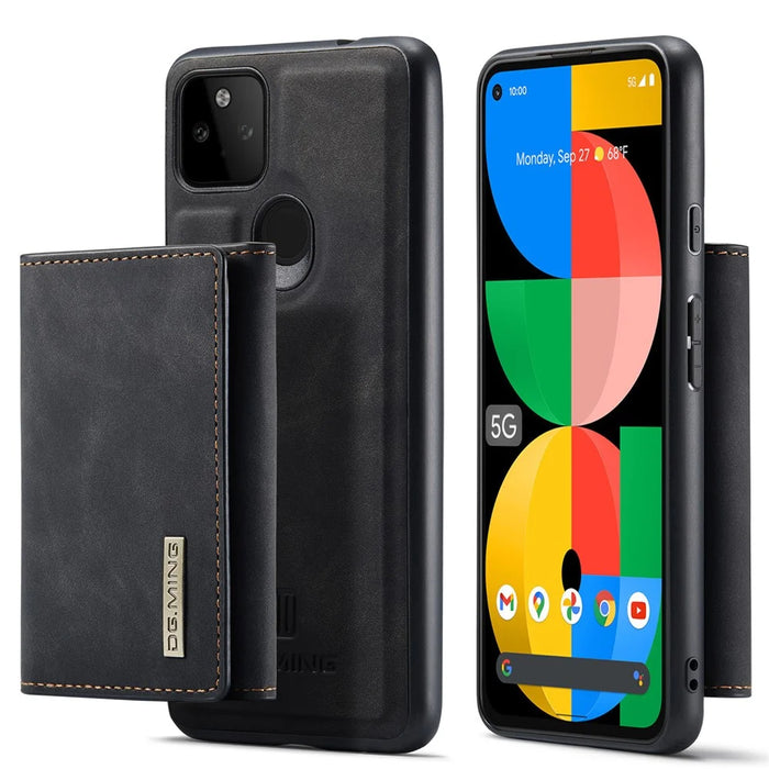 DG.MING M1 Series Phone Case PU + TPU + PC Back Cover with Magnetic Tri-Fold Wallet Kickstand for Google Pixel 5a 5G - Black - 1