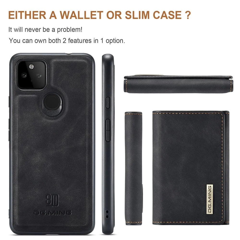 DG.MING M1 Series Phone Case PU + TPU + PC Back Cover with Magnetic Tri-Fold Wallet Kickstand for Google Pixel 5a 5G - Black - 3