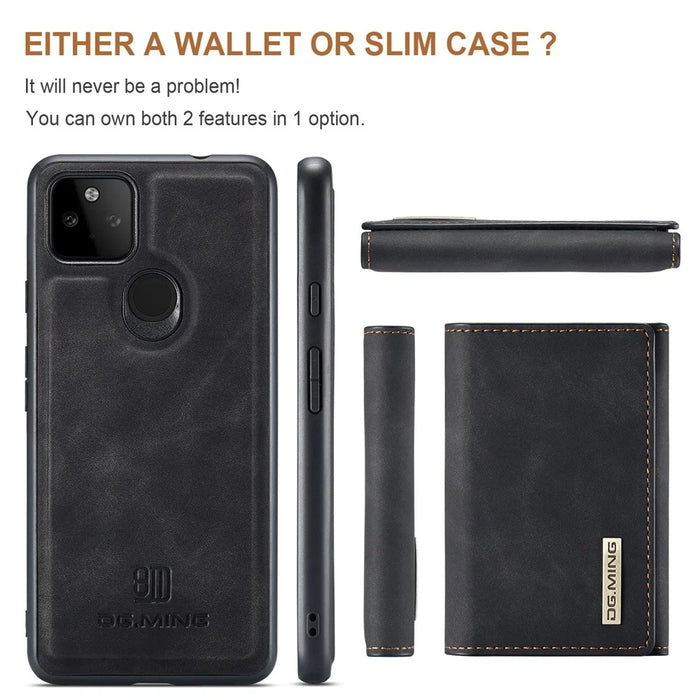 DG.MING M1 Series Phone Case PU + TPU + PC Back Cover with Magnetic Tri-Fold Wallet Kickstand for Google Pixel 5a 5G - Black - 3