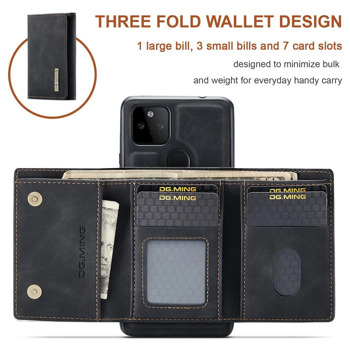 DG.MING M1 Series Phone Case PU + TPU + PC Back Cover with Magnetic Tri-Fold Wallet Kickstand for Google Pixel 5a 5G - Black - 7