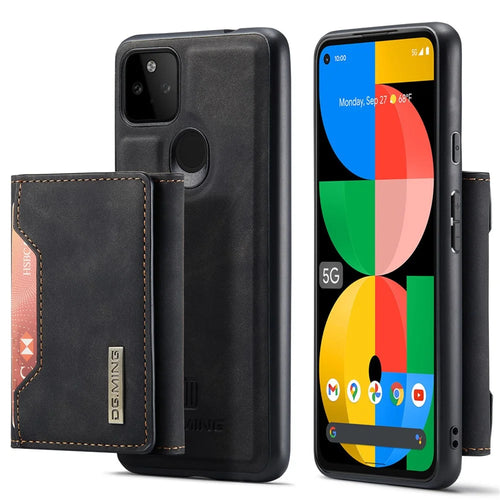 DG.MING M2 Series Front Card Slot Design Anti-Drop Magnetic Wallet Design Hybrid Case with Kickstand for Google Pixel 5a 5G - Black - 1