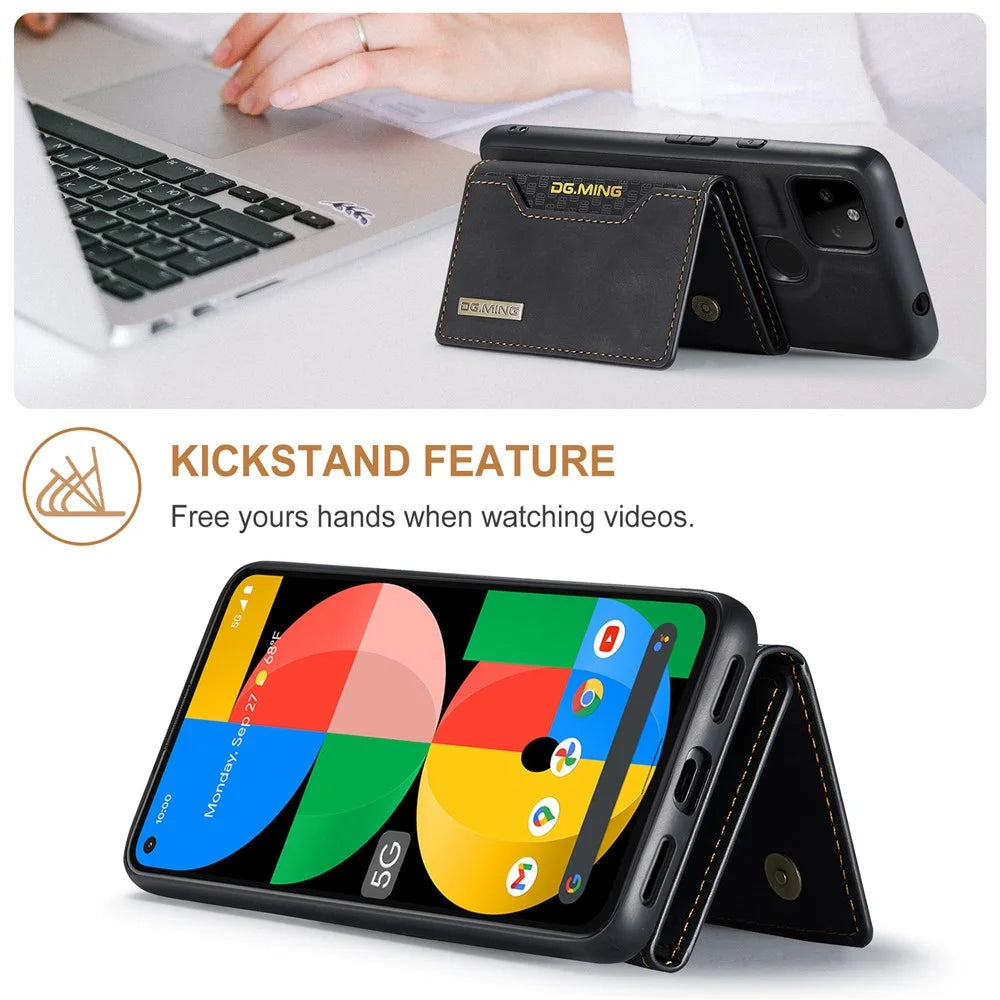 DG.MING M2 Series Front Card Slot Design Anti-Drop Magnetic Wallet Design Hybrid Case with Kickstand for Google Pixel 5a 5G - Black - 2