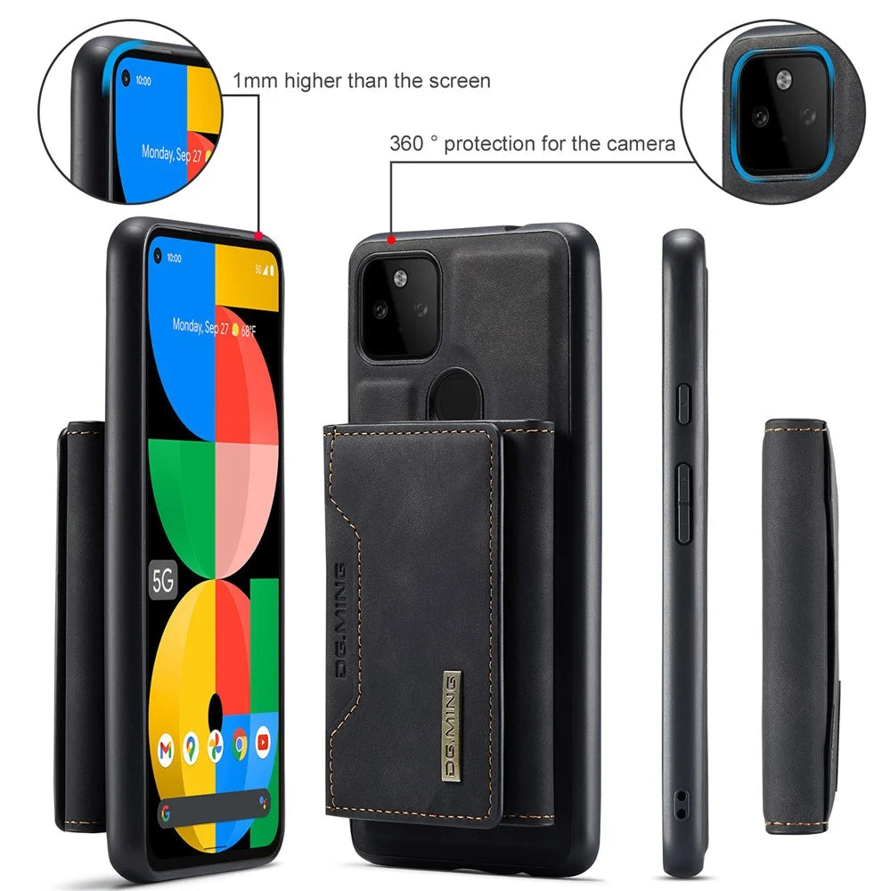 DG.MING M2 Series Front Card Slot Design Anti-Drop Magnetic Wallet Design Hybrid Case with Kickstand for Google Pixel 5a 5G - Black - 6