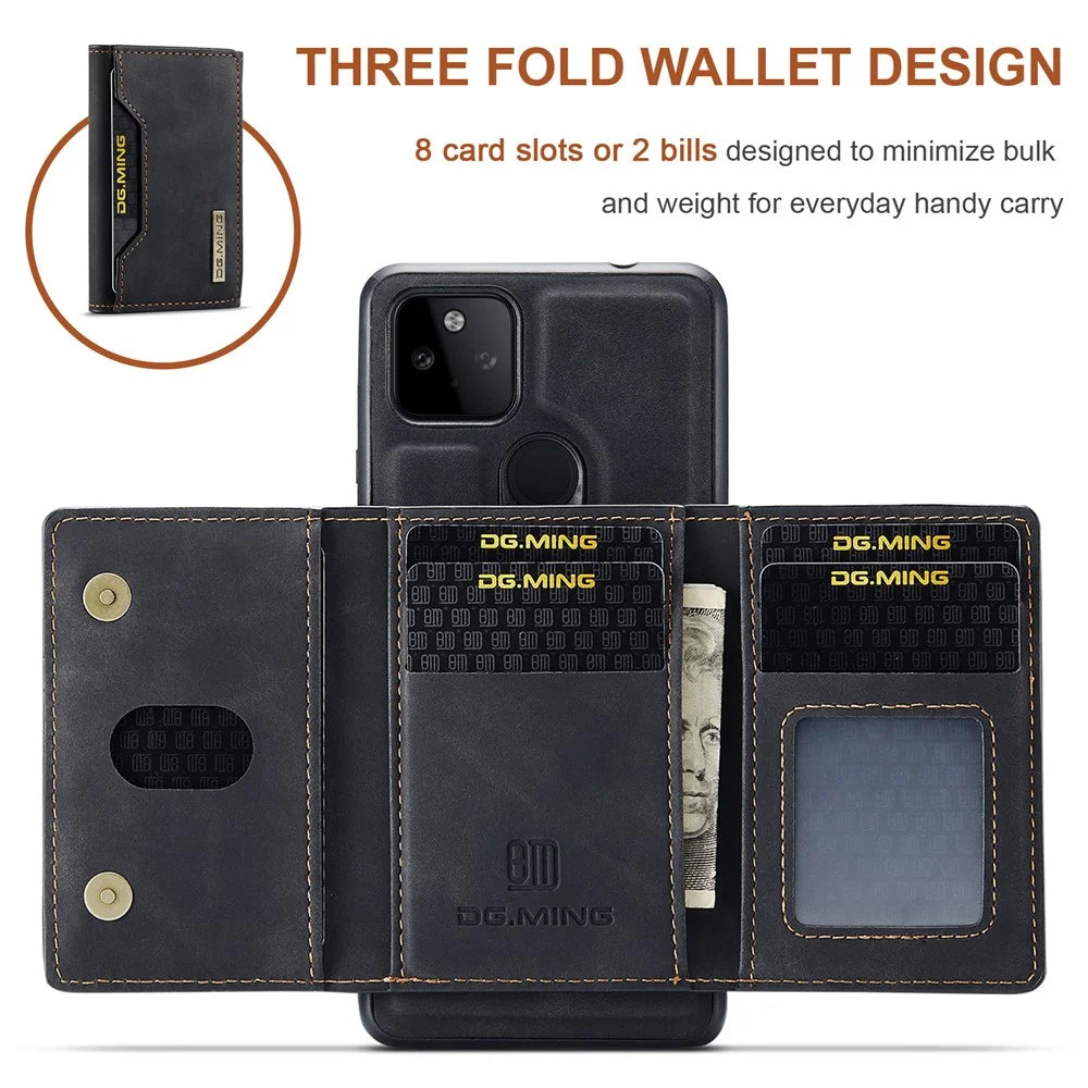 DG.MING M2 Series Front Card Slot Design Anti-Drop Magnetic Wallet Design Hybrid Case with Kickstand for Google Pixel 5a 5G - Black - 7