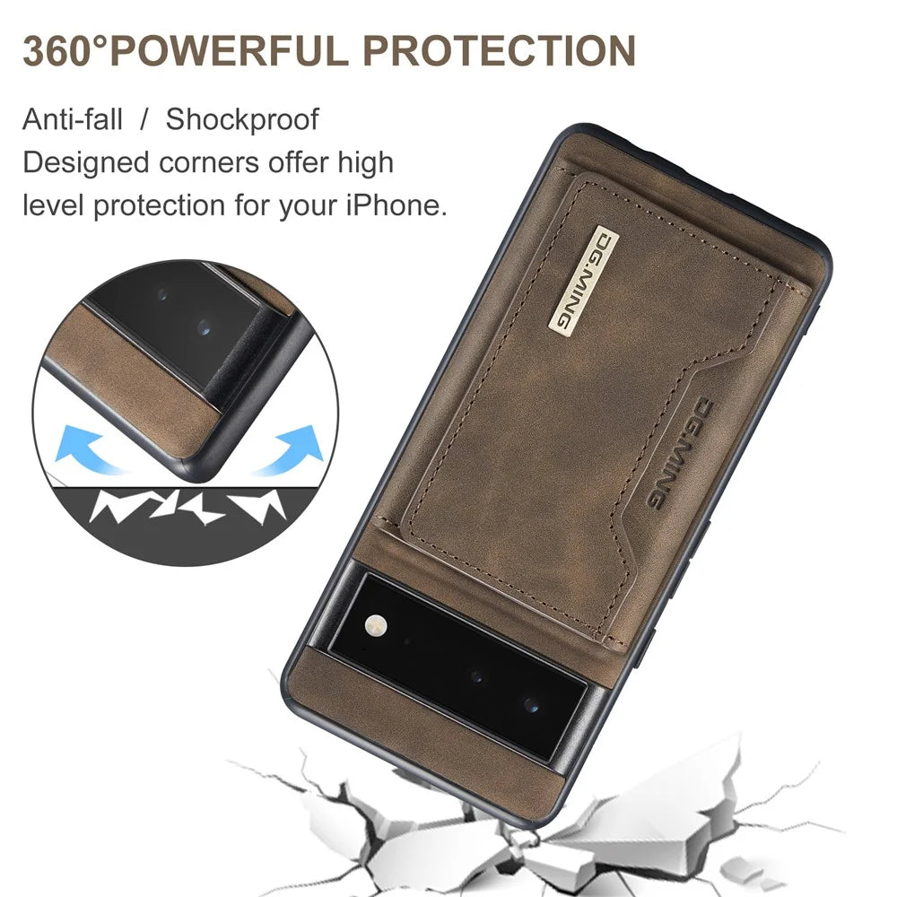 DG.MING M2 Series Shockproof Anti-scratch Magnetic Wallet Design Hybrid Case with Kickstand for Google Pixel 6 Pro - Coffee - 5