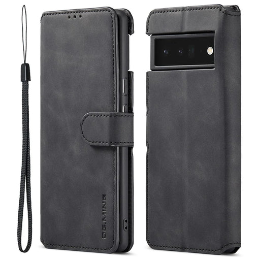 DG.MING Stand Wallet Design Retro Style PU Leather + TPU Phone Case Cover for Google Pixel 6 Pro - Black - 1