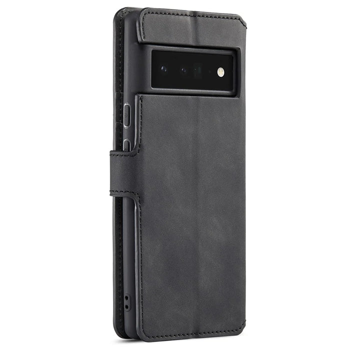 DG.MING Stand Wallet Design Retro Style PU Leather + TPU Phone Case Cover for Google Pixel 6 Pro - Black - 3