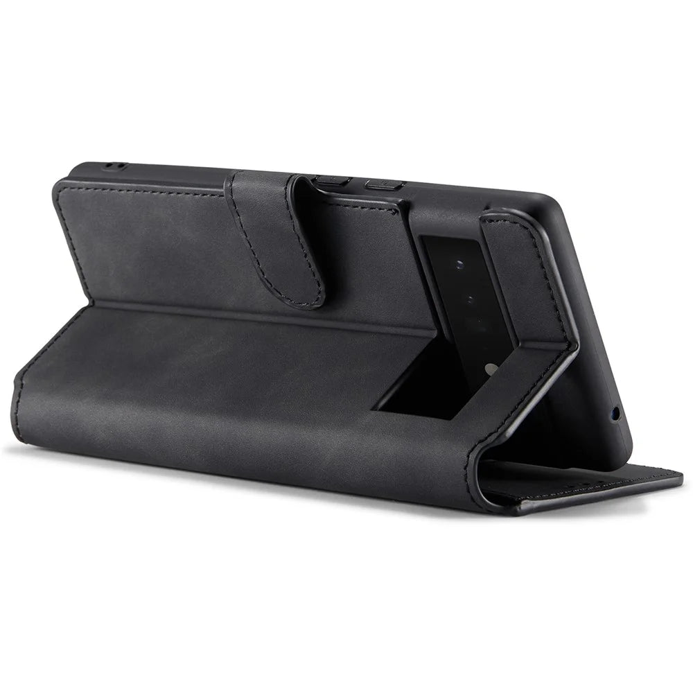 DG.MING Stand Wallet Design Retro Style PU Leather + TPU Phone Case Cover for Google Pixel 6 Pro - Black - 4