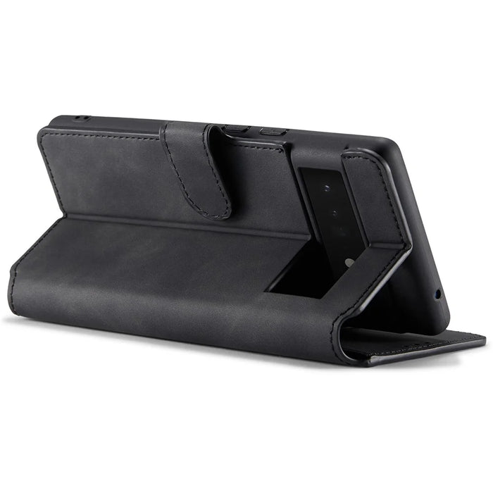 DG.MING Stand Wallet Design Retro Style PU Leather + TPU Phone Case Cover for Google Pixel 6 Pro - Black - 4