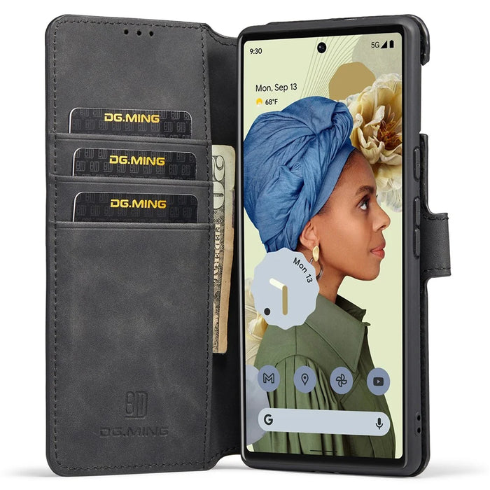 DG.MING Stand Wallet Design Retro Style PU Leather + TPU Phone Case Cover for Google Pixel 6 Pro - Black - 5