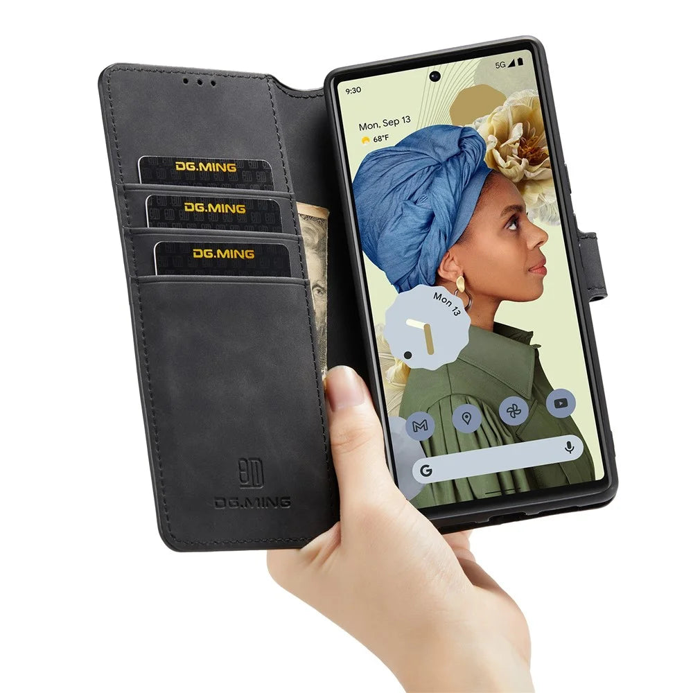 DG.MING Stand Wallet Design Retro Style PU Leather + TPU Phone Case Cover for Google Pixel 6 Pro - Black - 6