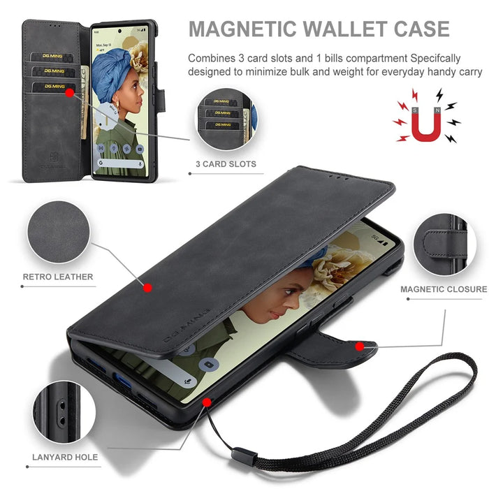 DG.MING Stand Wallet Design Retro Style PU Leather + TPU Phone Case Cover for Google Pixel 6 Pro - Black - 7