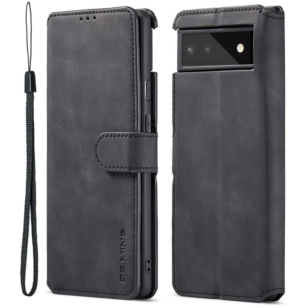 DG.MING Full Protection Retro Style PU Leather Cover Inner TPU Phone Case with Stand Wallet for Google Pixel 6 - Black - 1