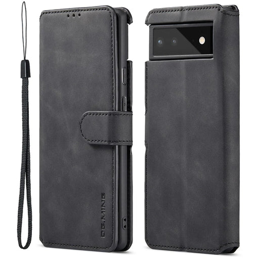 DG.MING Full Protection Retro Style PU Leather Cover Inner TPU Phone Case with Stand Wallet for Google Pixel 6 - Black - 1