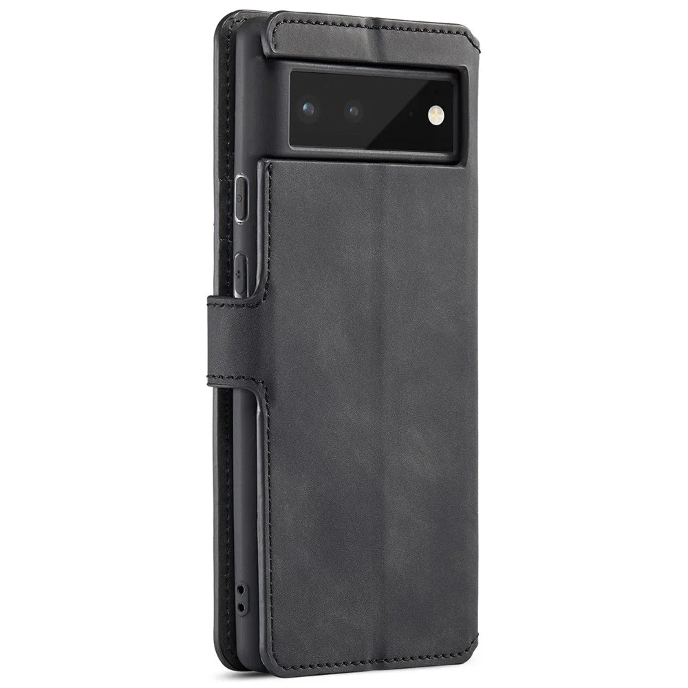 DG.MING Full Protection Retro Style PU Leather Cover Inner TPU Phone Case with Stand Wallet for Google Pixel 6 - Black - 3