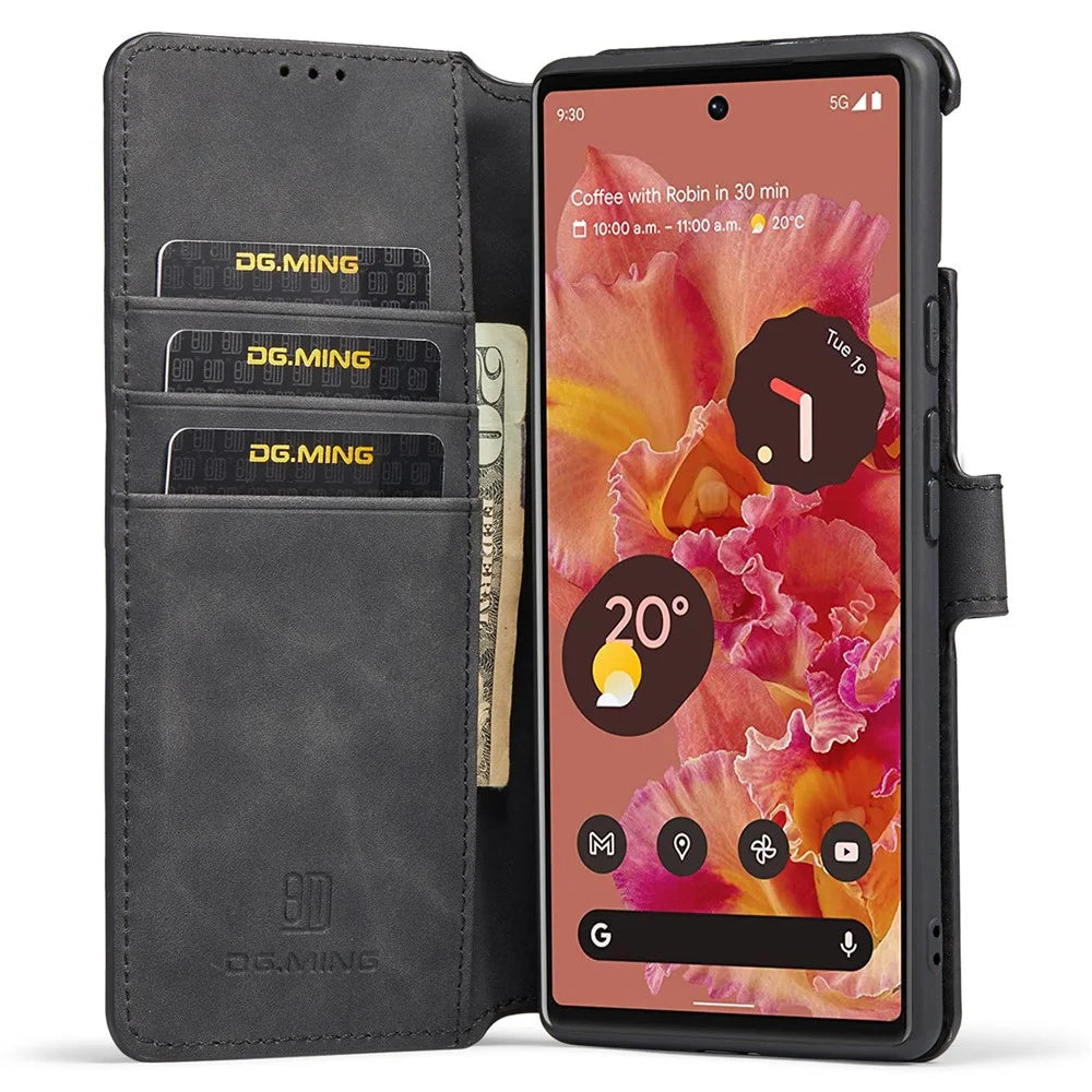 DG.MING Full Protection Retro Style PU Leather Cover Inner TPU Phone Case with Stand Wallet for Google Pixel 6 - Black - 5