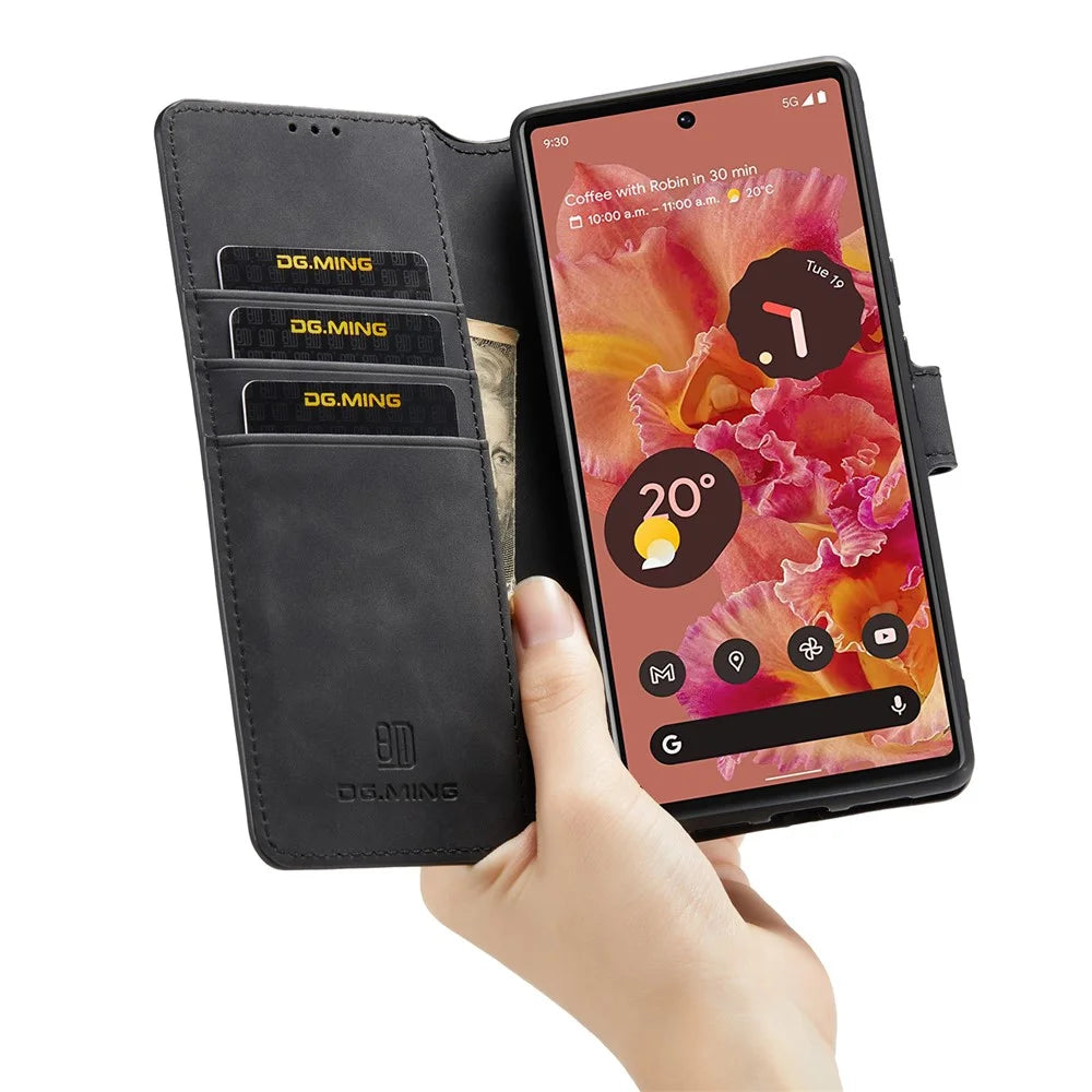 DG.MING Full Protection Retro Style PU Leather Cover Inner TPU Phone Case with Stand Wallet for Google Pixel 6 - Black - 6
