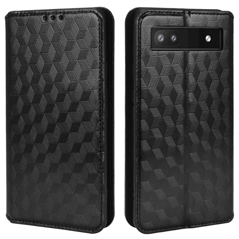 For Google Pixel 6a Imprinted Rhombus Leather Cover Wallet Stand Magnetic Auto Closing Phone Protector Case - Black - 1