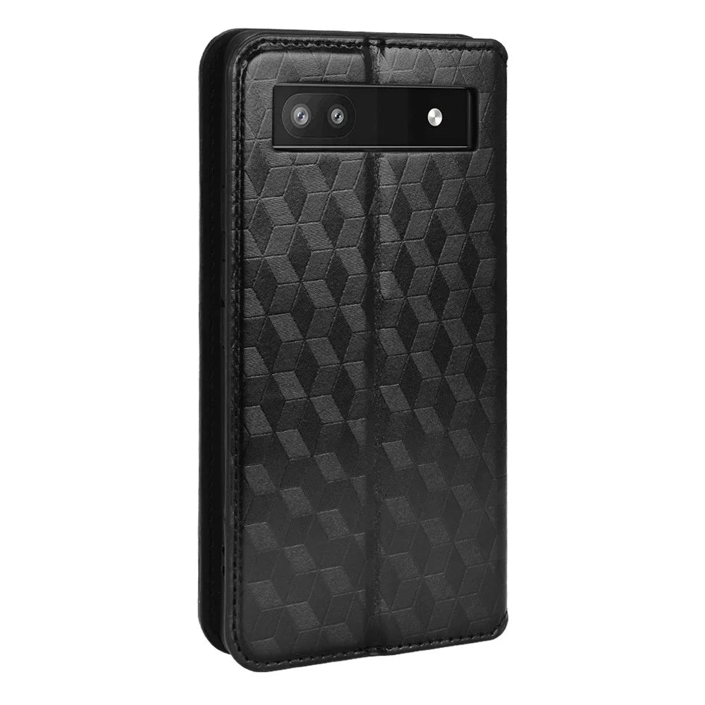For Google Pixel 6a Imprinted Rhombus Leather Cover Wallet Stand Magnetic Auto Closing Phone Protector Case - Black - 3