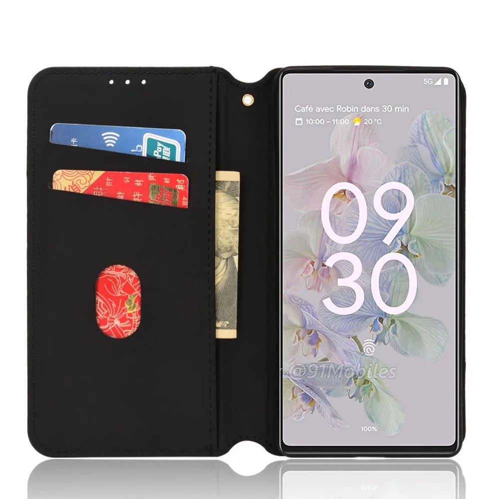 For Google Pixel 6a Imprinted Rhombus Leather Cover Wallet Stand Magnetic Auto Closing Phone Protector Case - Black - 4