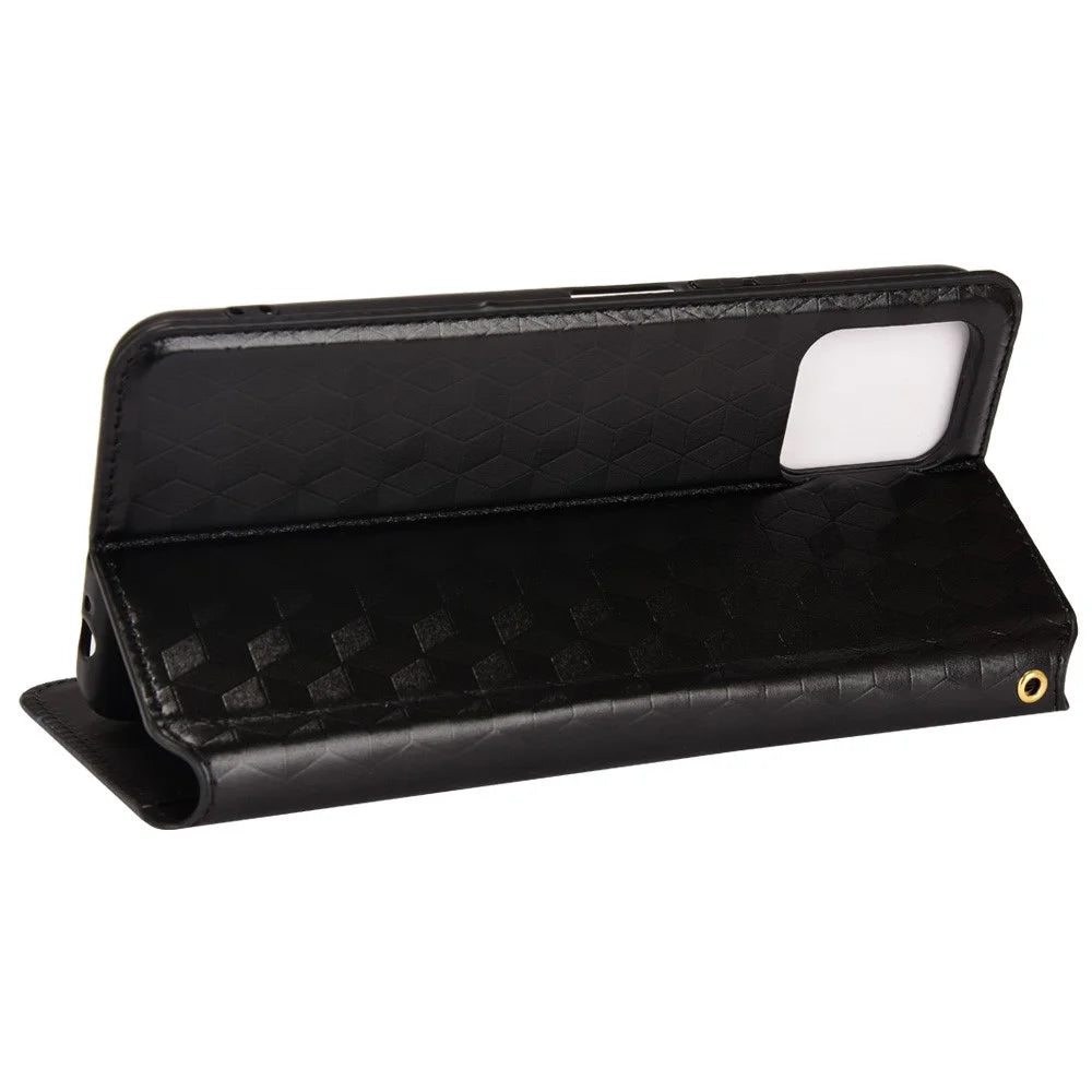 For Google Pixel 6a Imprinted Rhombus Leather Cover Wallet Stand Magnetic Auto Closing Phone Protector Case - Black - 5