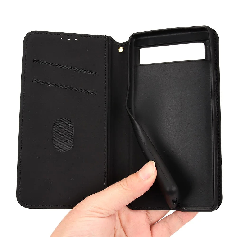 For Google Pixel 6a Imprinted Rhombus Leather Cover Wallet Stand Magnetic Auto Closing Phone Protector Case - Black - 6