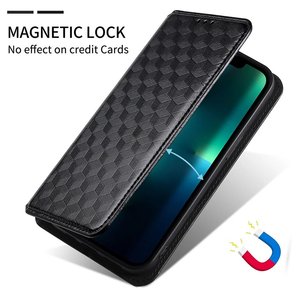 For Google Pixel 6a Imprinted Rhombus Leather Cover Wallet Stand Magnetic Auto Closing Phone Protector Case - Black - 7
