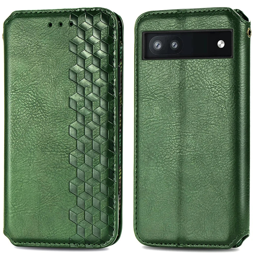 For Google Pixel 6a PU Leather Case Rhombus Imprint Wallet Stand Phone Cover - Green - 1